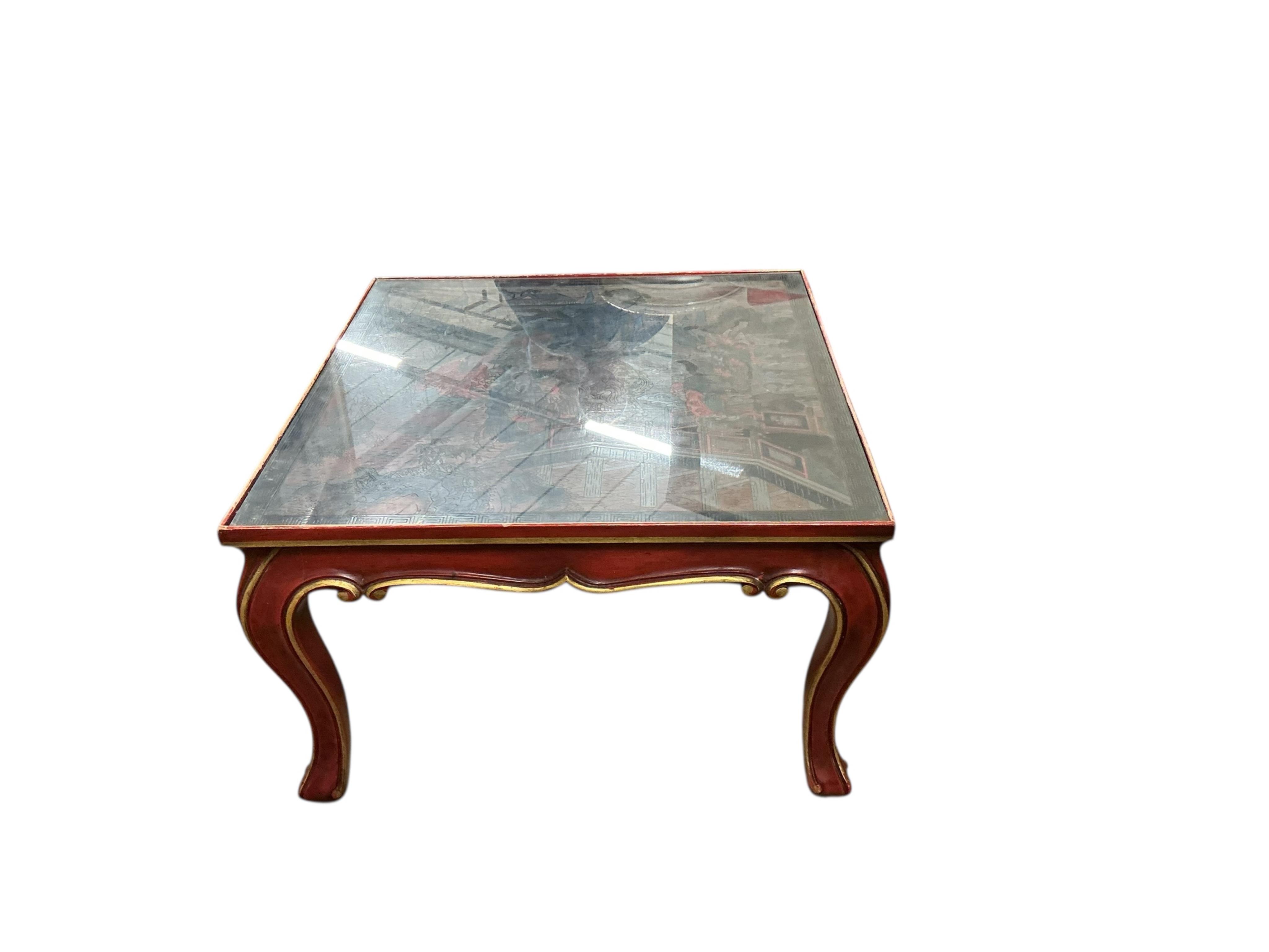 A 19th century and later Chinese polychrome coromandel lacquer panel inset coffee table, width 60cm, depth 63cm, height 38cm